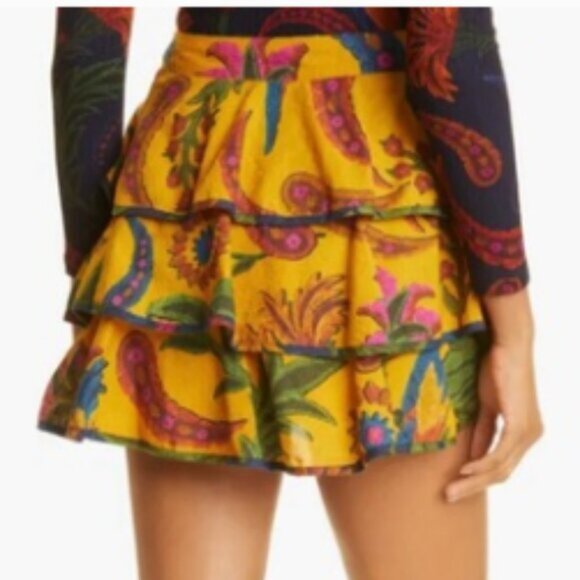 FARM Rio Tropical Tapestry Ruffle Miniskirt in Yellow SZ L NWT - Picture 2 of 8